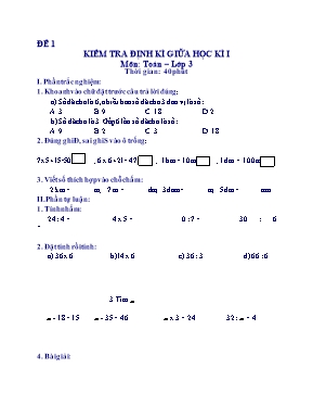 4 Đề kiểm tra giữa học kỳ I môn Toán Lớp 3
